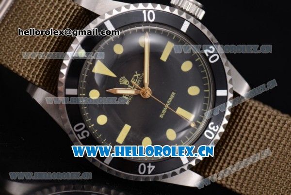 Rolex Submariner Vintage Asia 2813 Automatic Steel Case with Black Dial Army Green Nylon Strap and Dot Markers - Click Image to Close